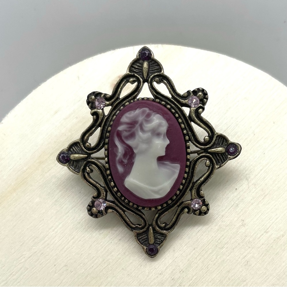 Vintage Fancy Lady Burgundy Bronze Pin Brooch